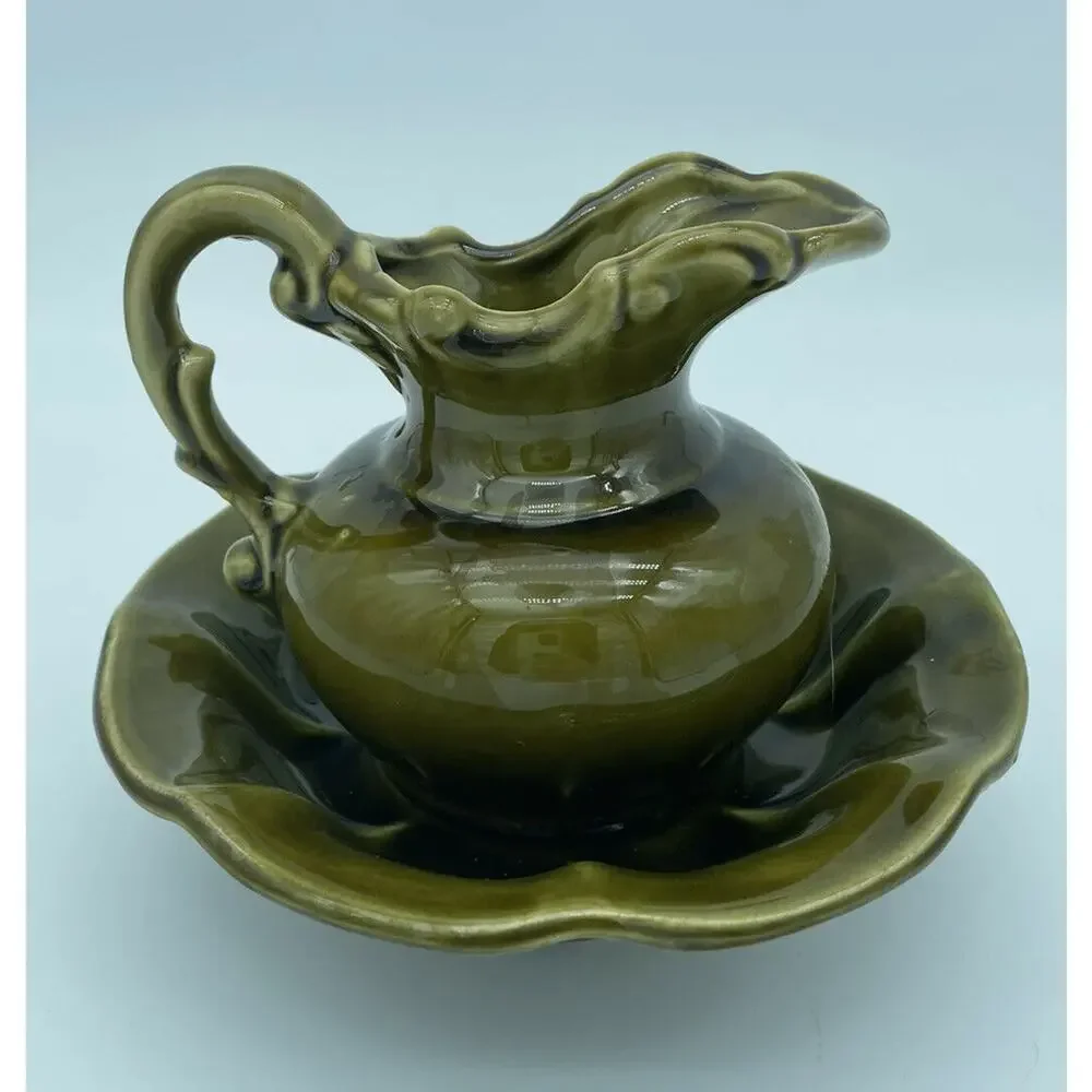 Vintage McCoy Pottery Avocado Green Pitcher Bowl Basin Set